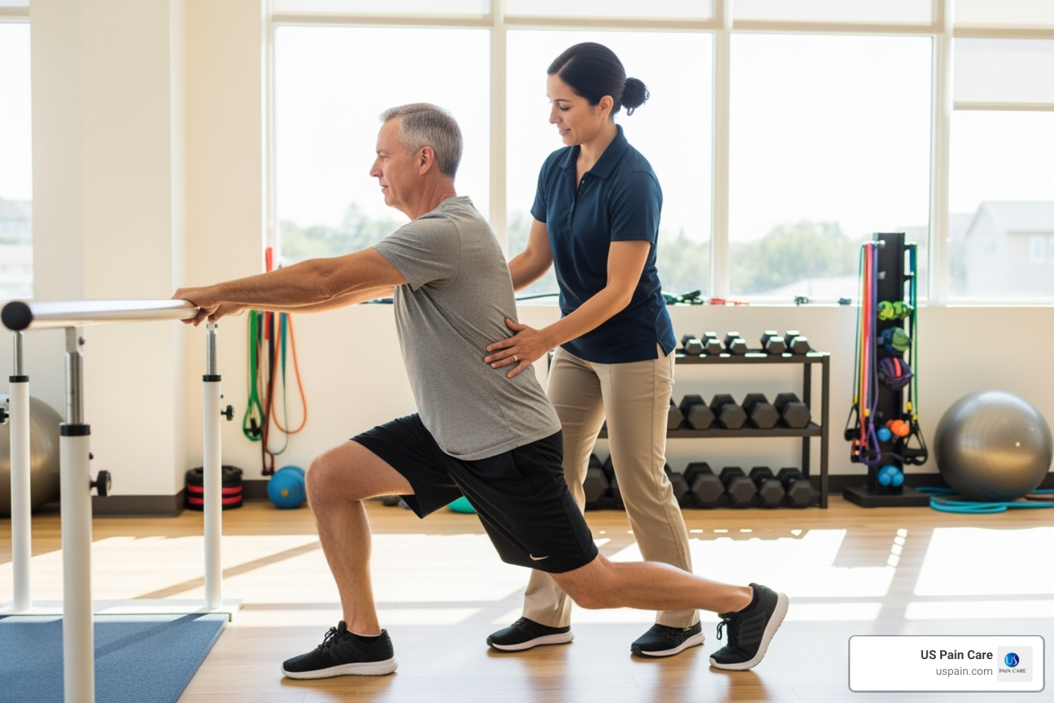A physical therapist guides a patient through a specific, functional movement, demonstrating proper form and providing support in a brightly lit rehabilitation gym. - pain rehabilitation programs
