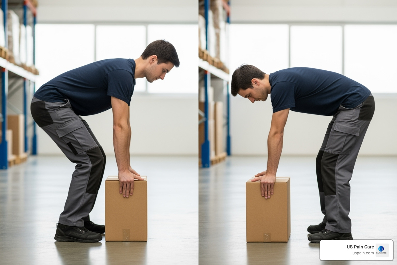 Proper vs. improper lifting posture, showing how bending at the knees protects the back - what are good treatments for acute lower back pain