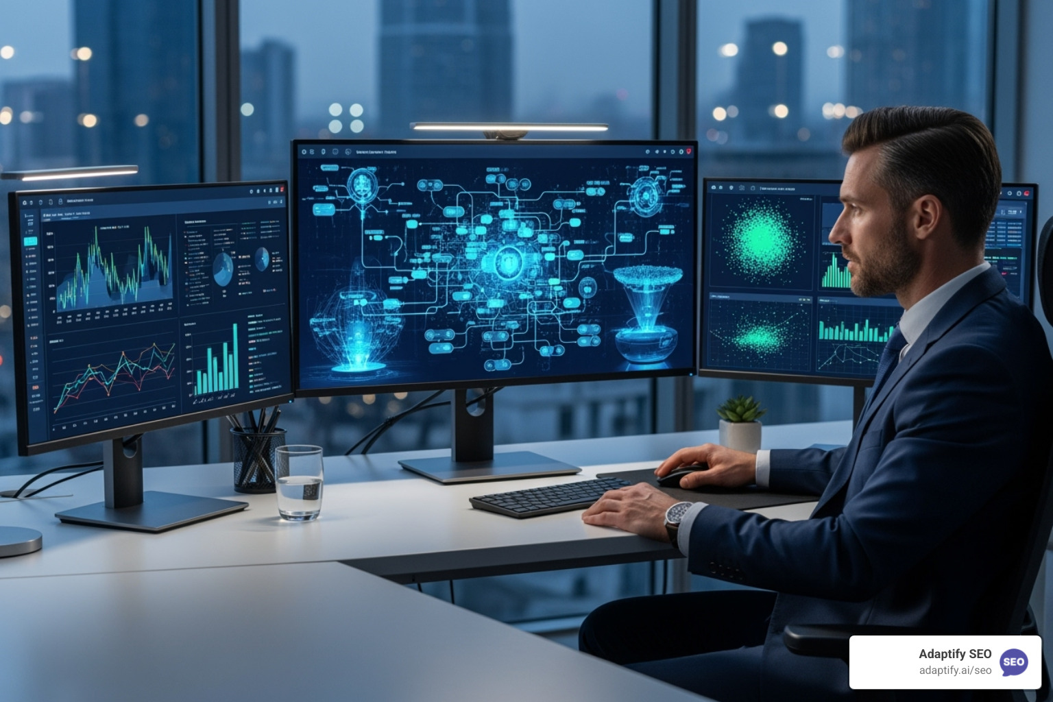 Image of a consultant analyzing data on multiple screens with AI-generated charts - AI SEO consultant