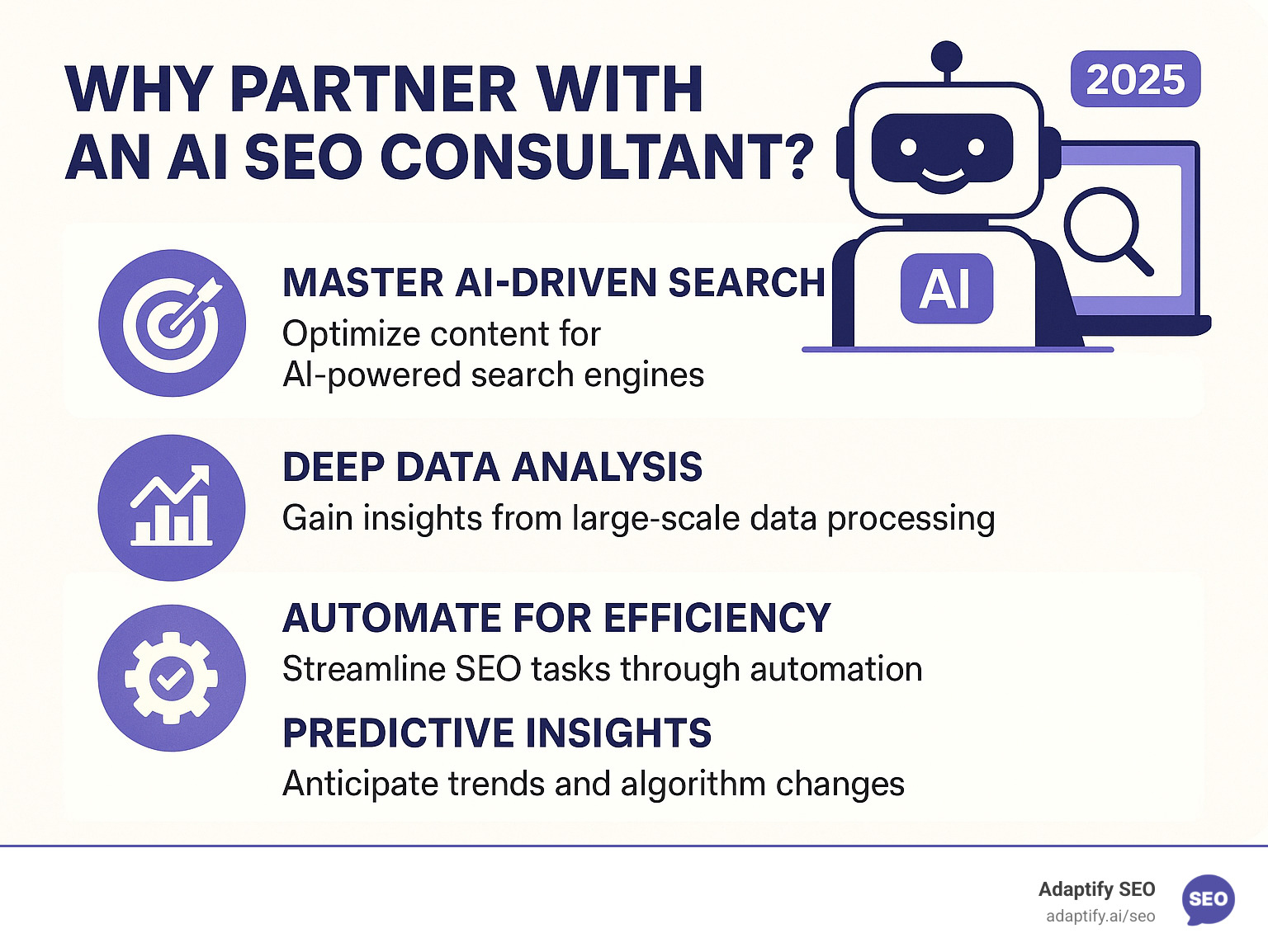 Infographic explaining the benefits of hiring an AI SEO consultant - AI SEO consultant infographic