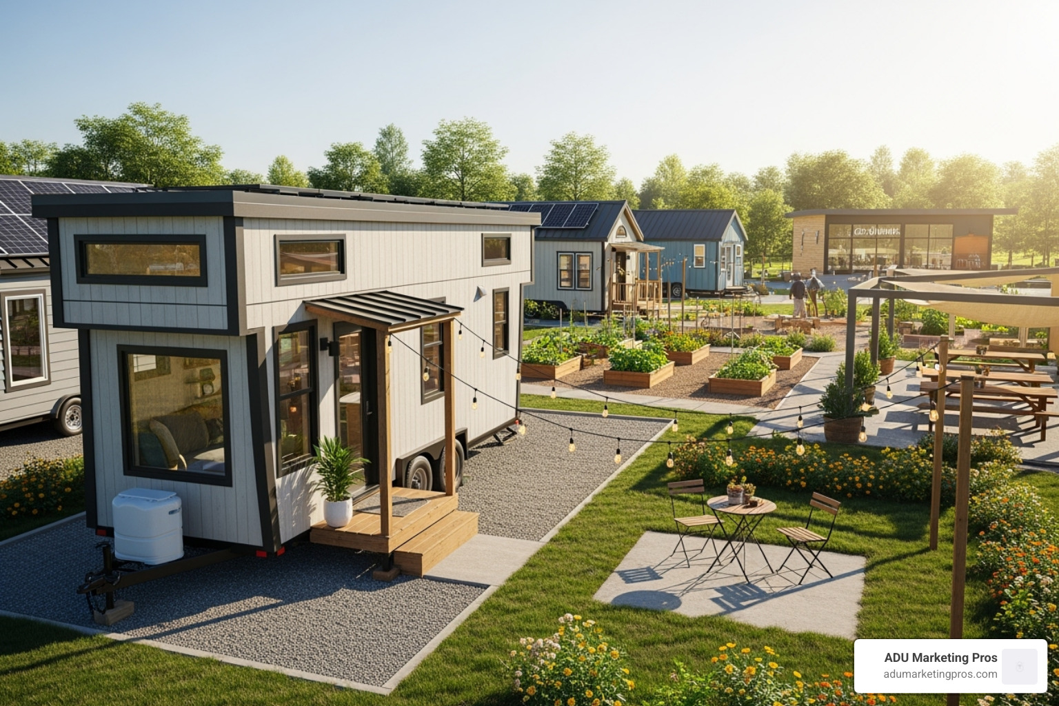 Tiny home parked in a designated tiny home community with shared amenities visible. - tiny home prices