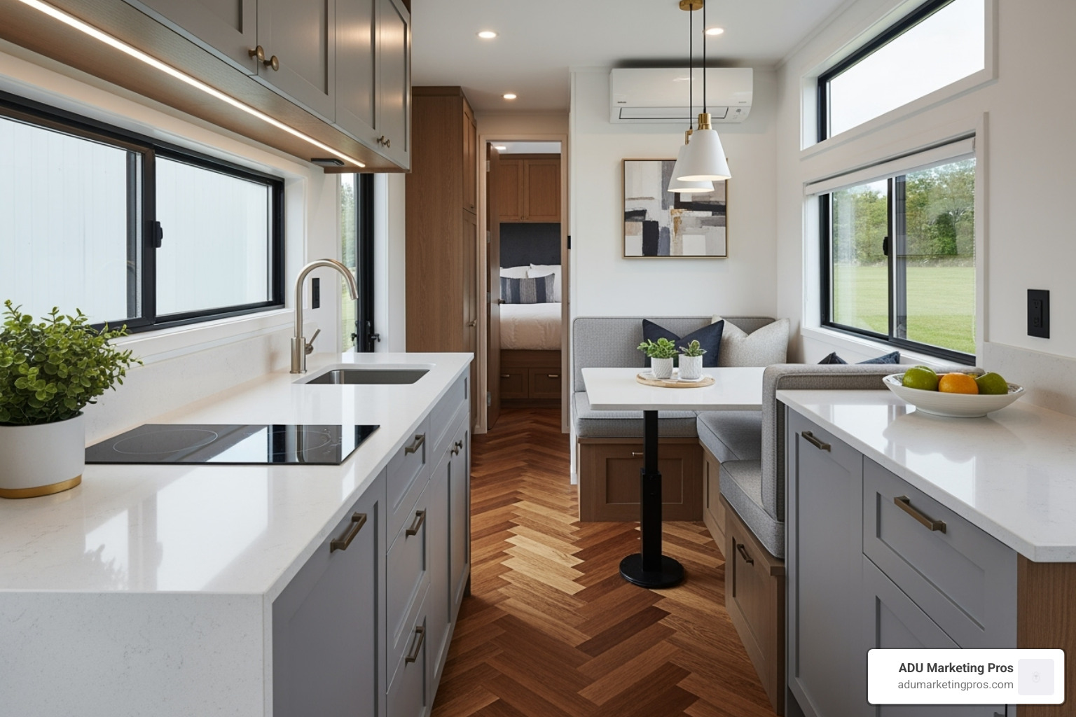 Luxury tiny home interior showcasing high-end finishes like quartz countertops, hardwood floors, and custom cabinetry. - tiny home prices