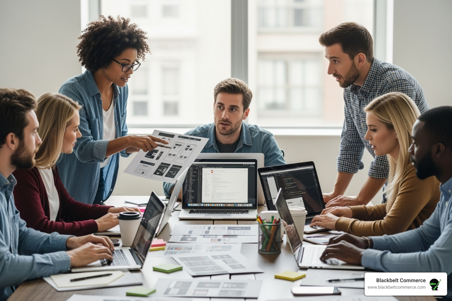 A team of designers and developers collaborating on a Shopify landing page design project, showcasing custom solutions - Shopify landing page design