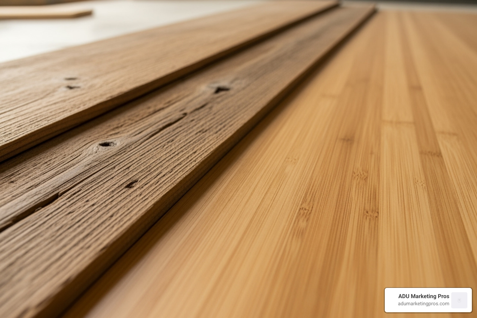 A close-up on sustainable building materials like reclaimed wood or bamboo flooring - energy efficient granny flats