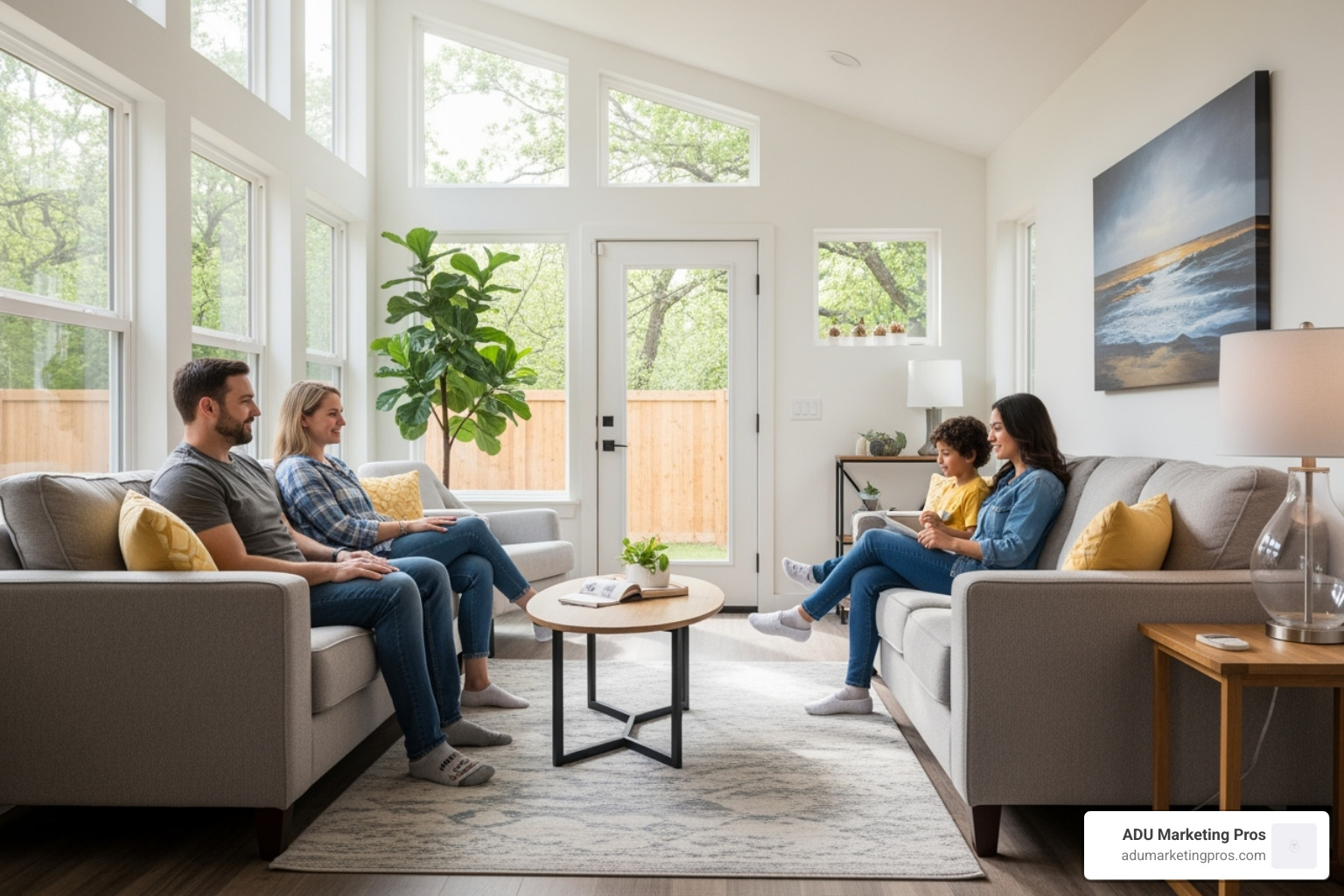 A family enjoying the comfortable, light-filled interior of an energy-efficient ADU - energy efficient granny flats