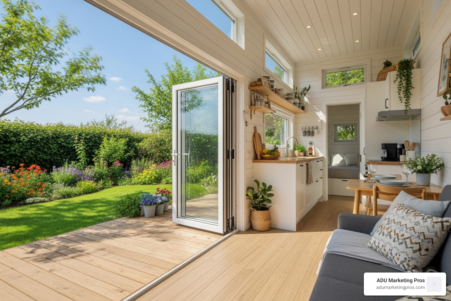 A bright, modern tiny house interior with large accordion windows fully open to a wooden deck and a sunny garden, blurring the line between inside and out.