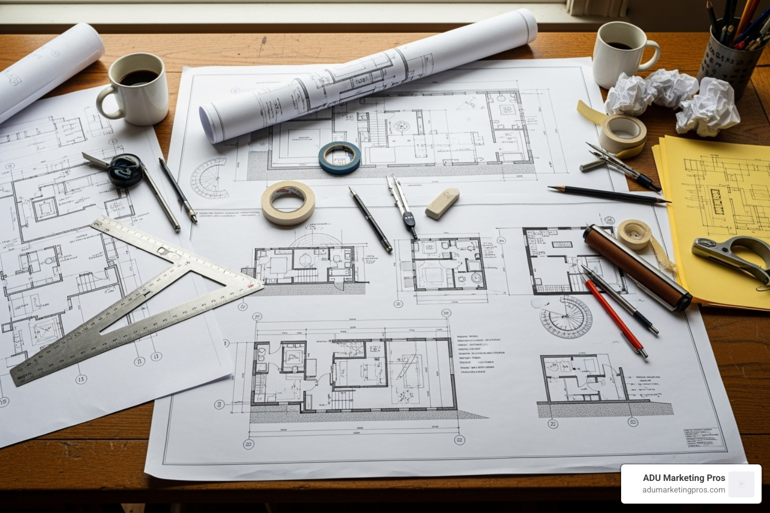 of architectural blueprints for an ADU laid out on a desk with drafting tools - adu permits san diego