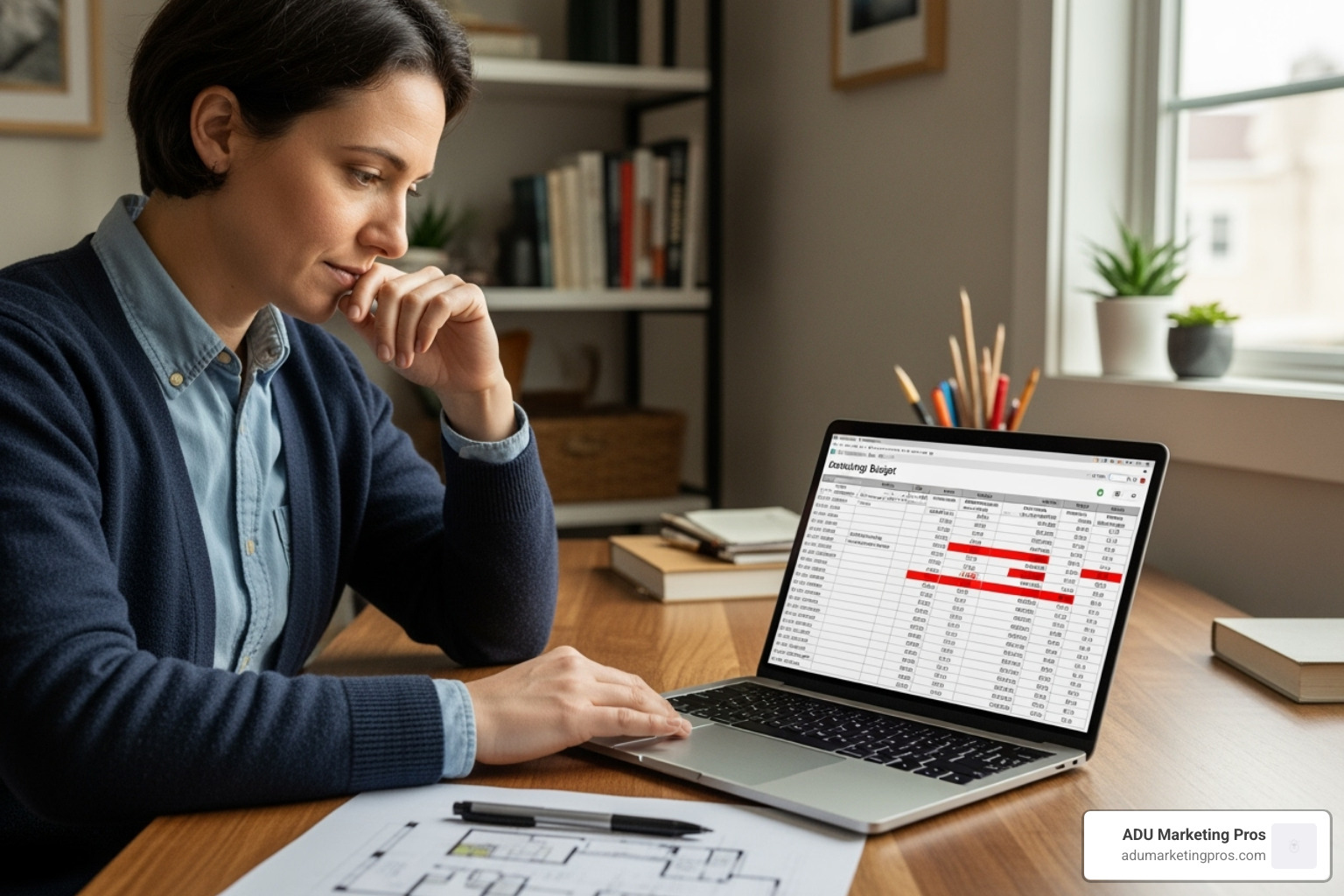 of a homeowner reviewing a budget spreadsheet for their ADU project on a laptop - adu permits san diego