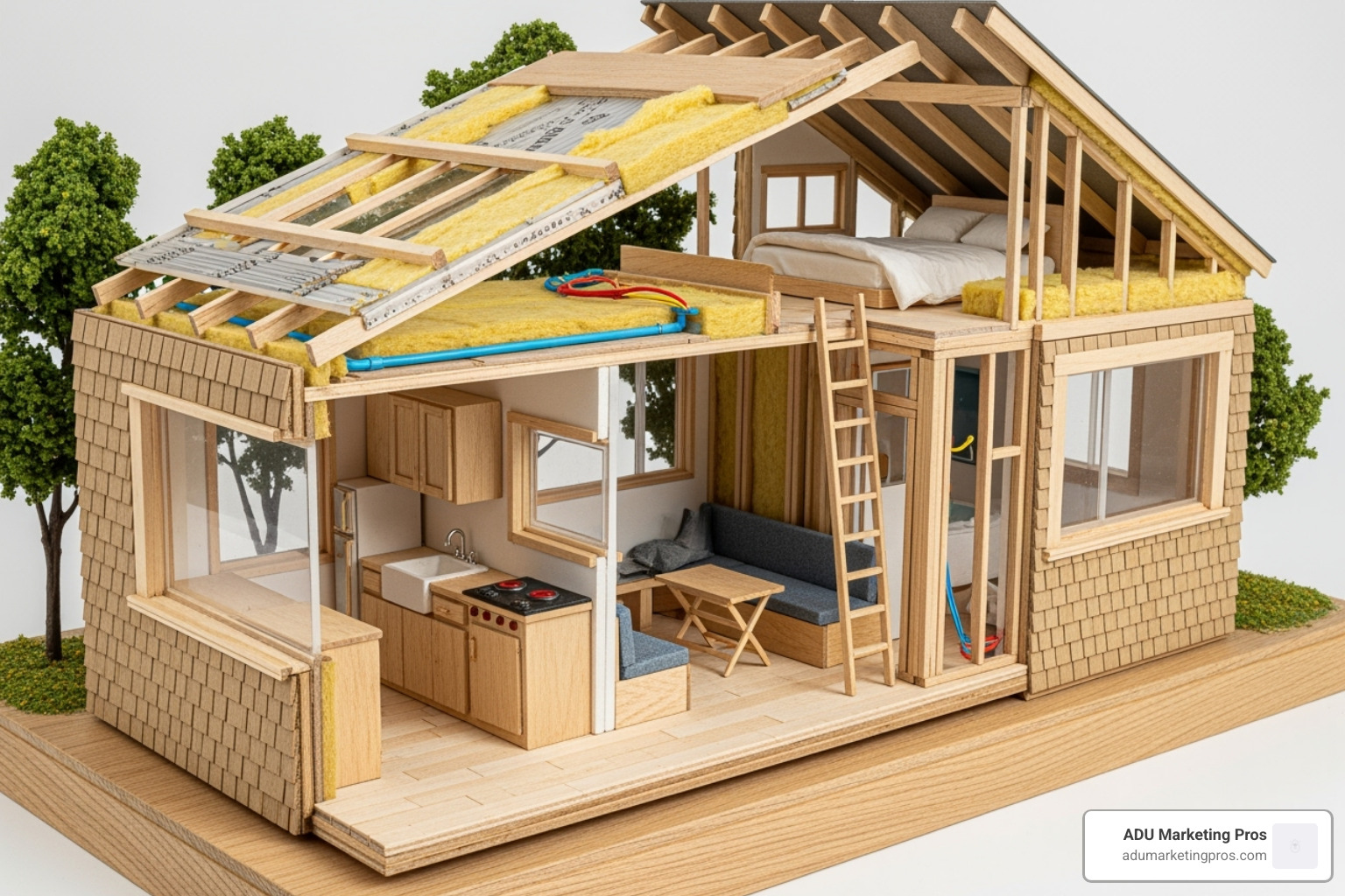 Detailed architectural blueprint or 3D model of a tiny house, highlighting different components. - tiny home prices