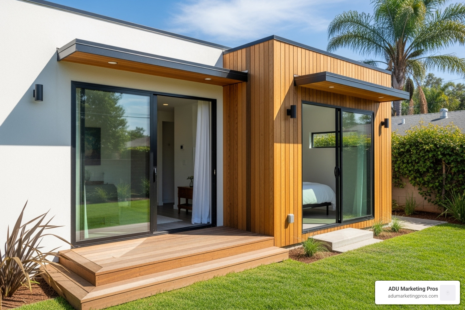 A larger two-bedroom prefab ADU with a small deck and large glass doors opening to a yard - prefab adu southern california
