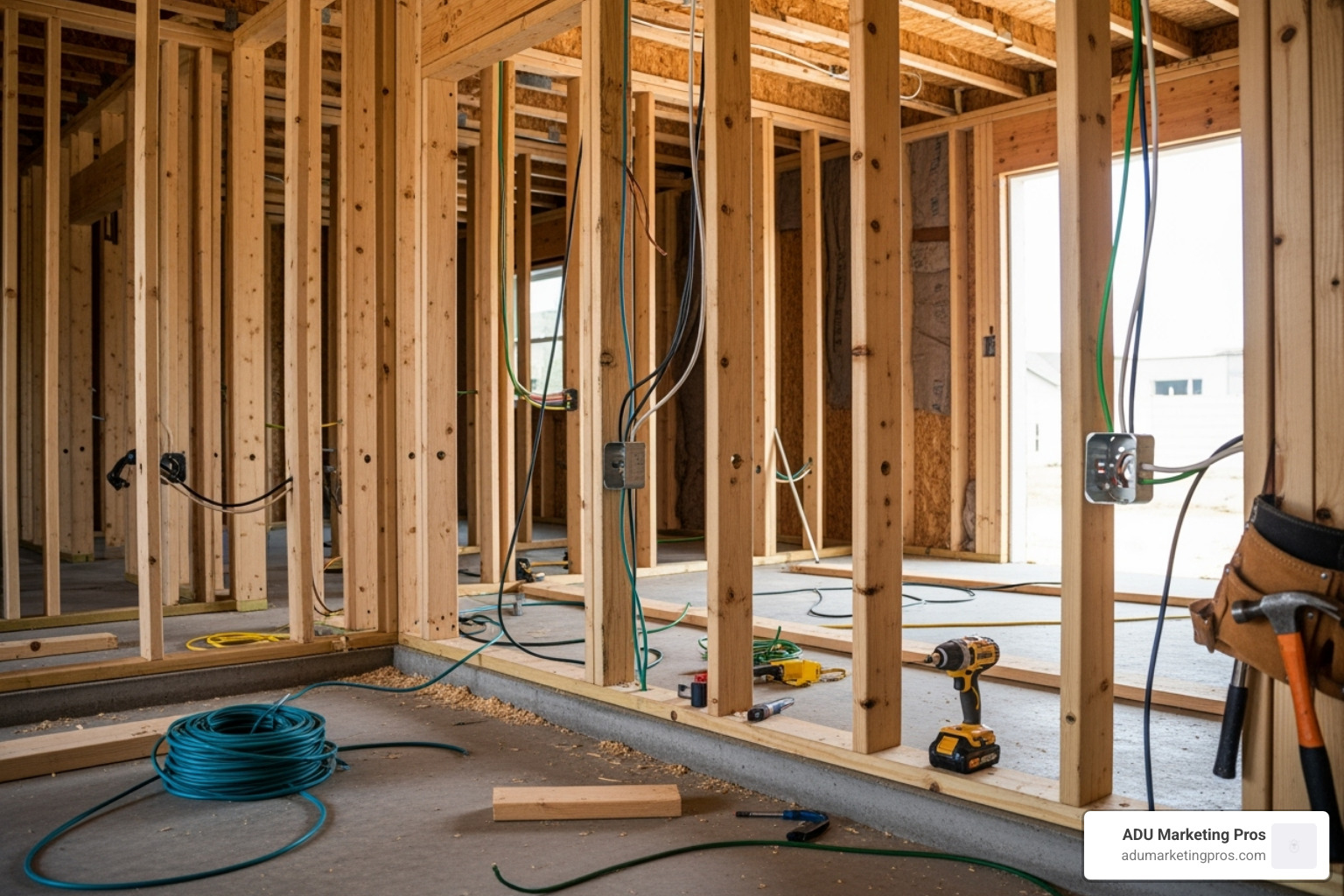 A garage interior during the construction phase, showing new wall framing and electrical wiring being installed, illustrating the foundational work required for a conversion. - cost to convert garage into apartment A garage interior during the construction phase, showing new wall framing and electrical wiring being installed, illustrating the foundational work required for a conversion. - cost to convert garage into apartment