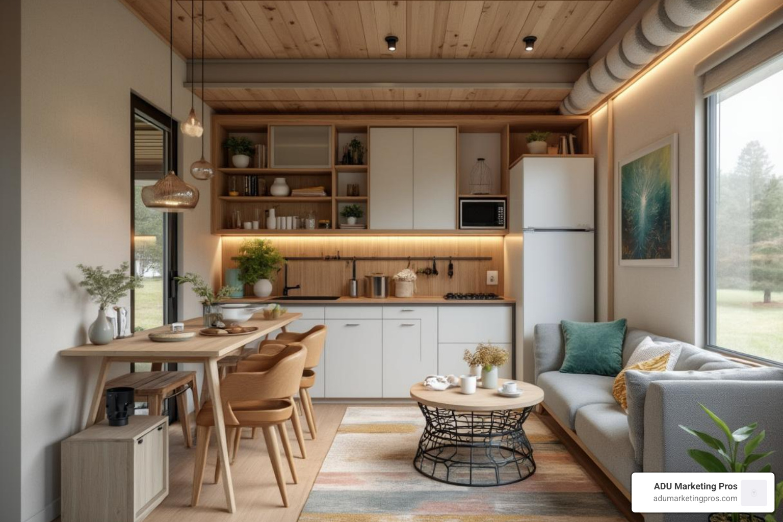 A compact and stylish studio prefab ADU interior, showcasing smart furniture and a modern kitchenette - prefab adu southern california