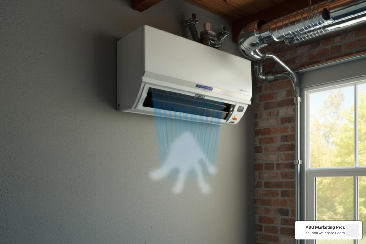 A newly installed ductless mini-split HVAC unit on the wall of a converted garage apartment, illustrating efficient climate control. - cost to convert garage into apartment A newly installed ductless mini-split HVAC unit on the wall of a converted garage apartment, illustrating efficient climate control. - cost to convert garage into apartment