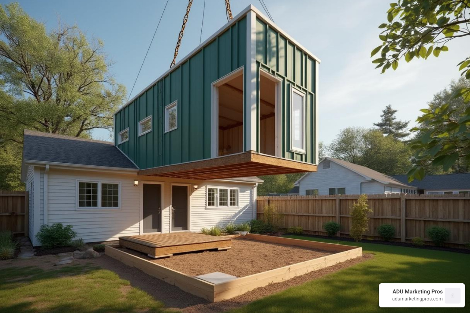 A prefab ADU module being craned into a backyard over a house, highlighting the efficiency of off-site construction - prefab adu southern california