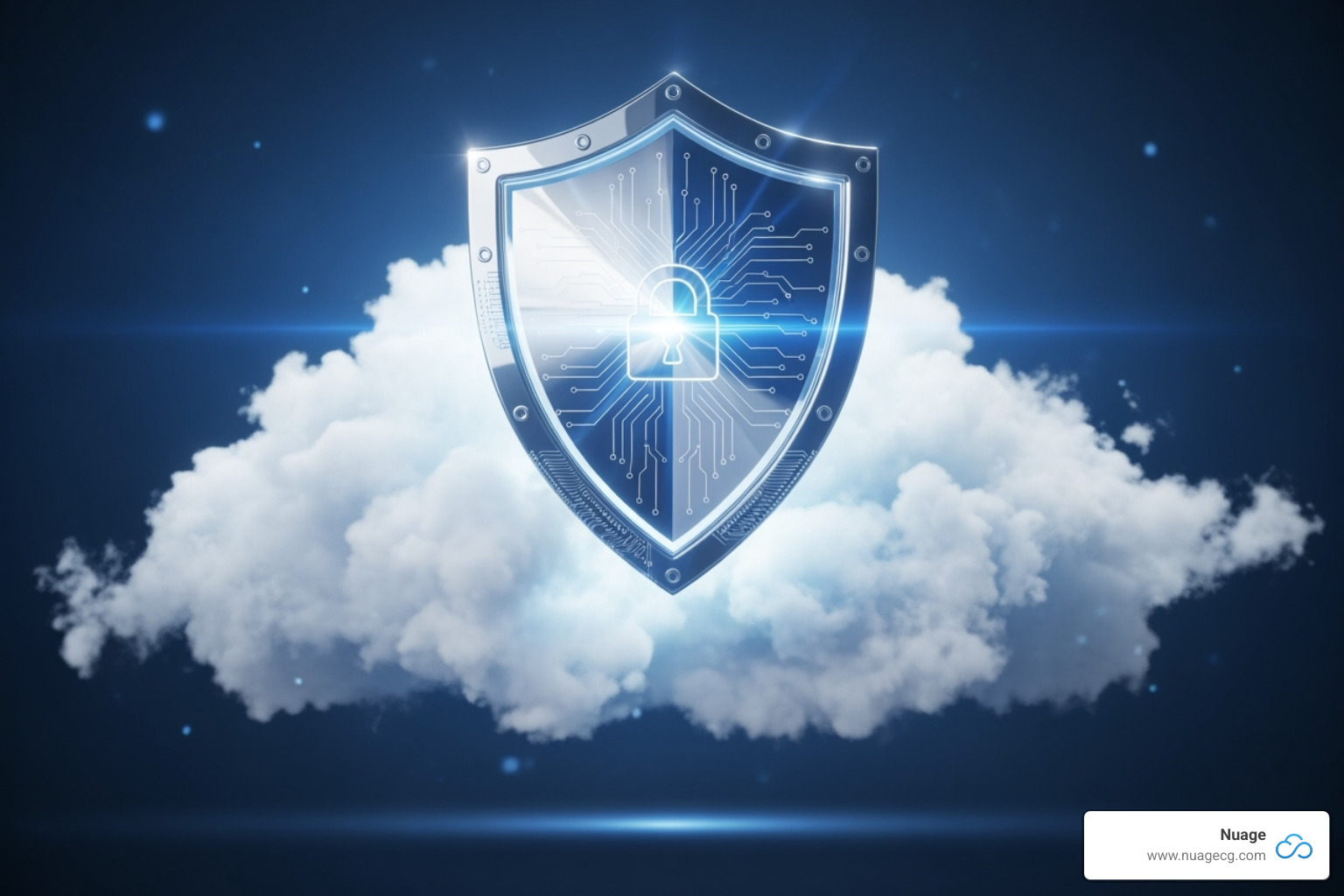 Image of a security shield icon over a cloud, representing robust cloud security - NetSuite for enterprise Image of a security shield icon over a cloud, representing robust cloud security - NetSuite for enterprise