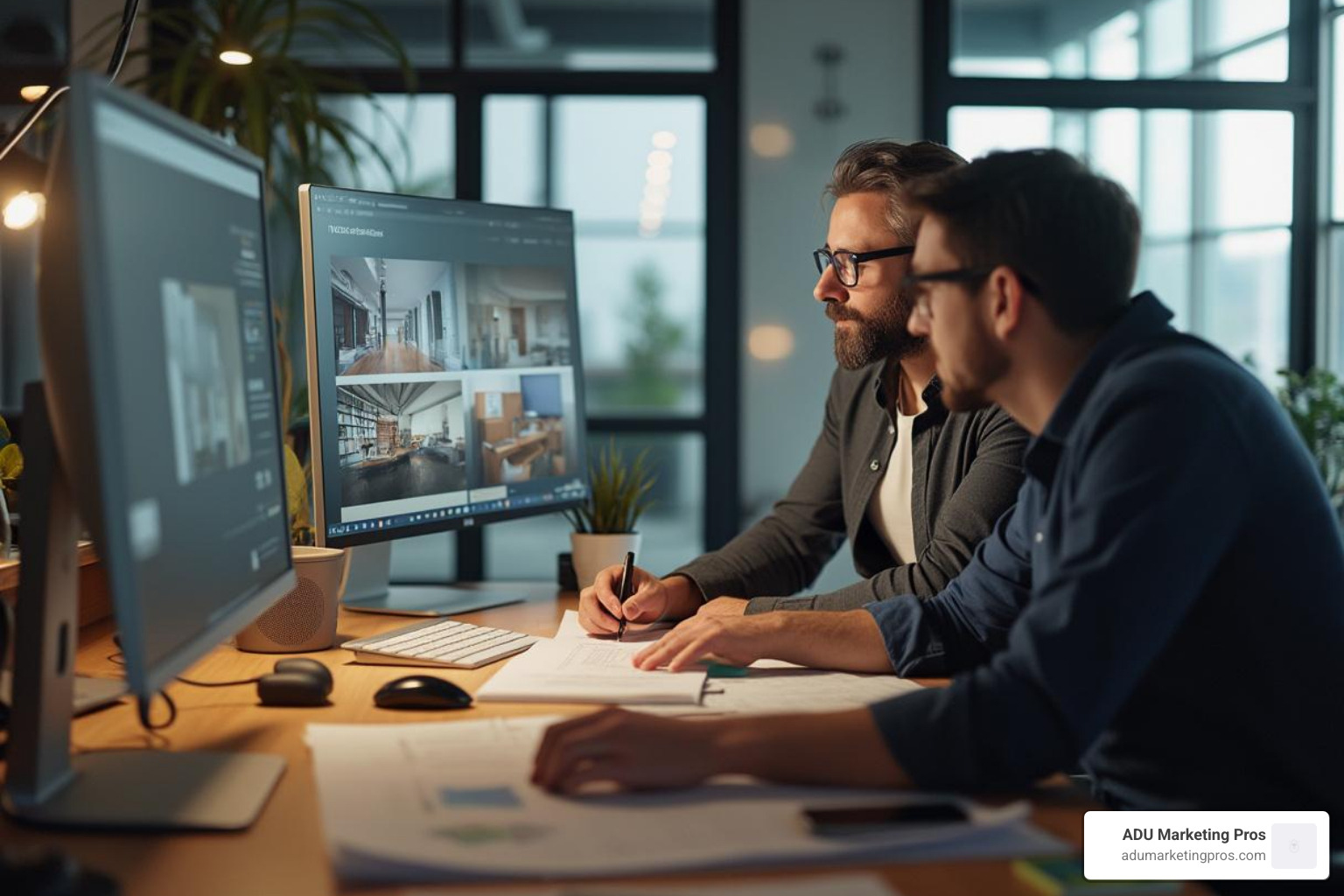 An architect and a web designer collaborating at a desk, reviewing website designs on computer screens, symbolizing partnership and expertise. - residential architect web design