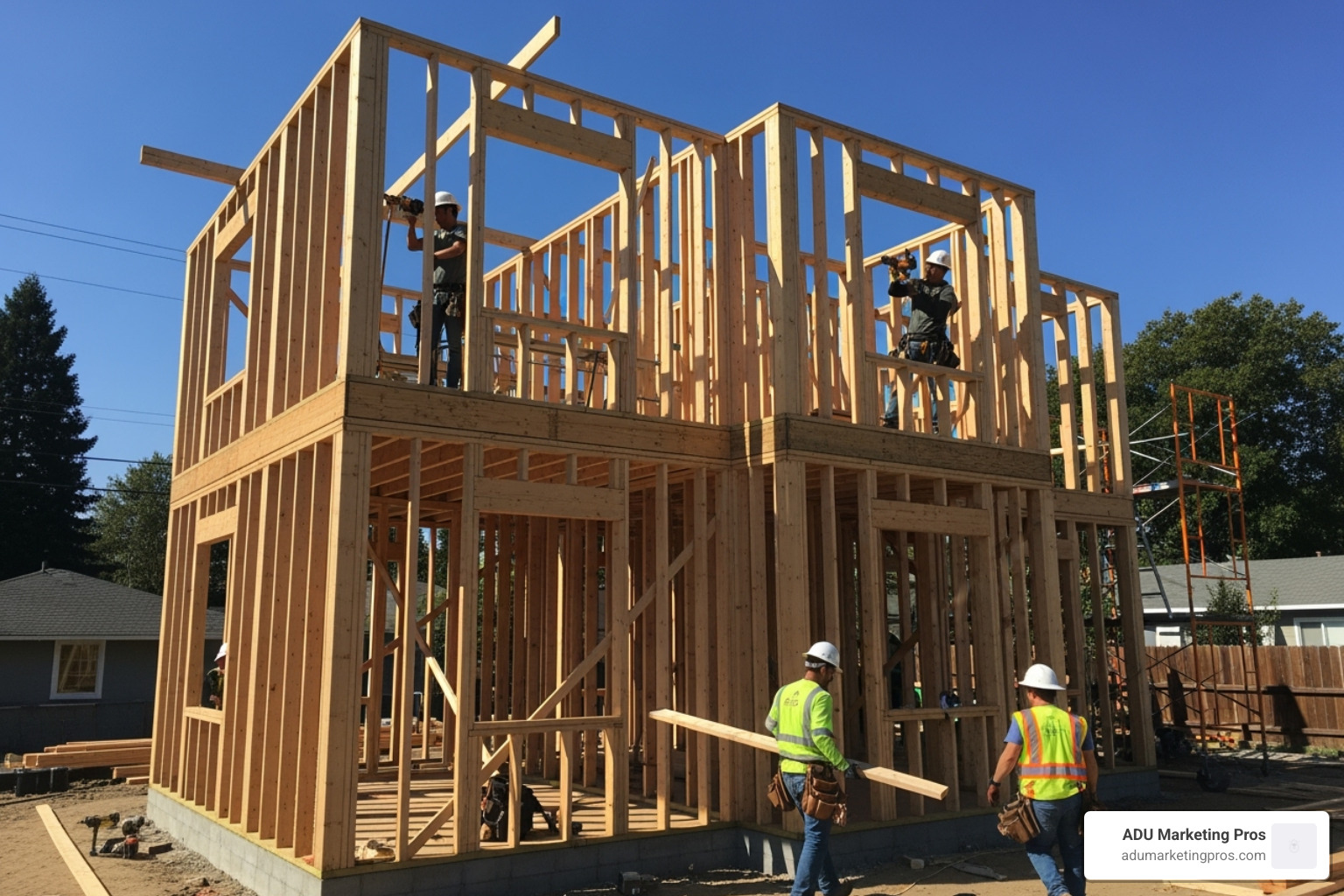 ADU in the framing stage of construction, with workers on site, showing the skeleton of the structure. - One bedroom ADU