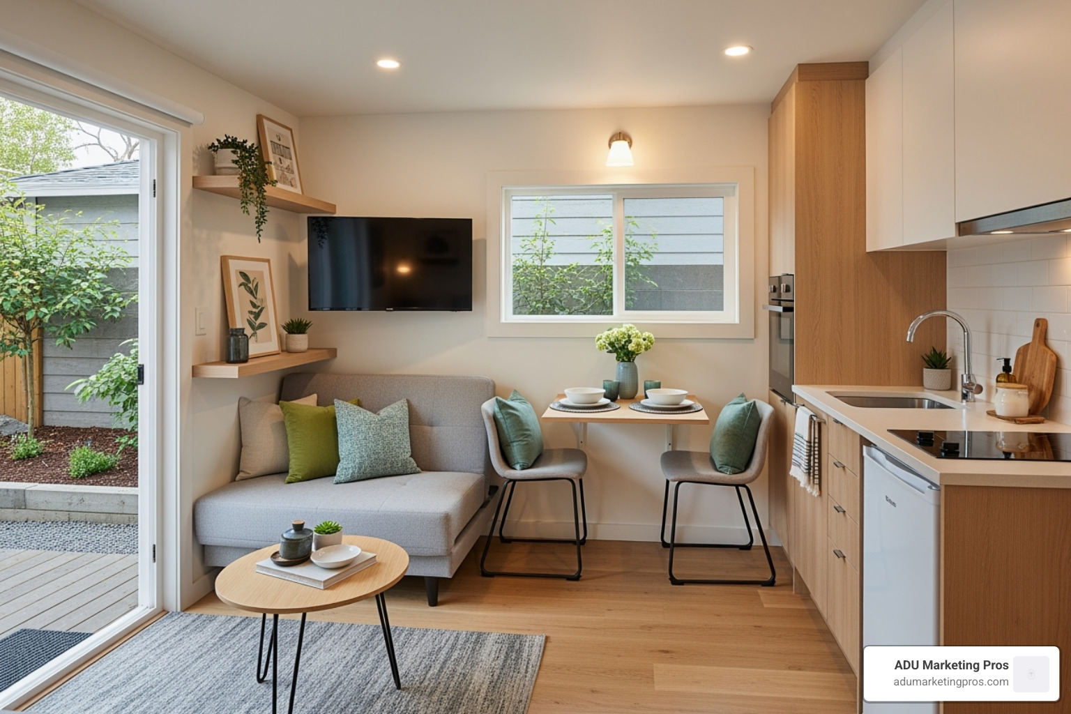 Cozy interior of a one-bedroom ADU, showing a combined living and kitchen area with smart, space-saving furniture. - One bedroom ADU