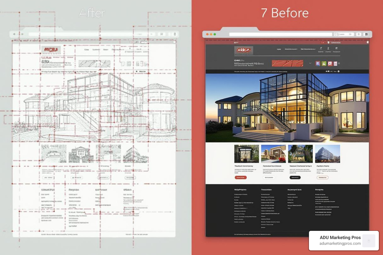 A side-by-side comparison of a website wireframe and the final, visually rich design, illustrating the balance between usability and creativity. - residential architect web design