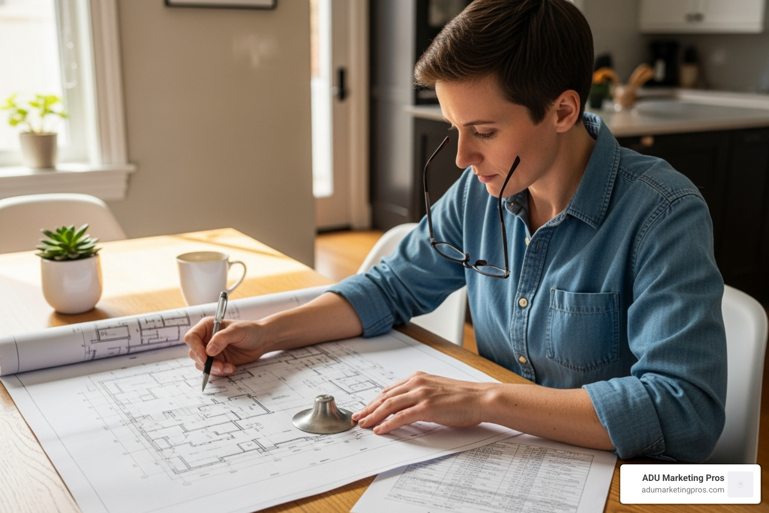 homeowner reviewing blueprints and a budget sheet - prefab granny flats california