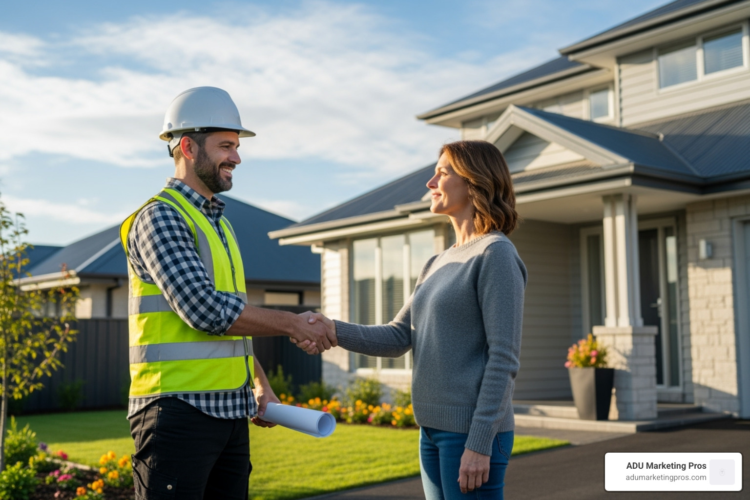 friendly contractor shaking hands with a homeowner - prefab granny flats california