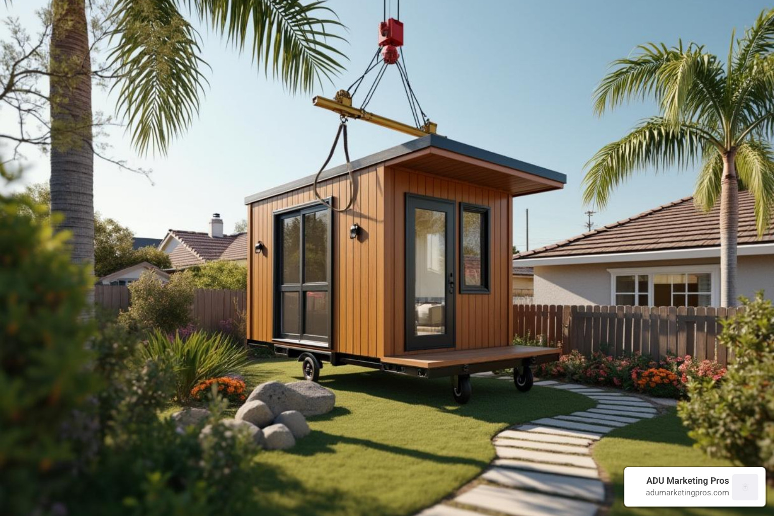 prefab module being craned into a California backyard - prefab granny flats california