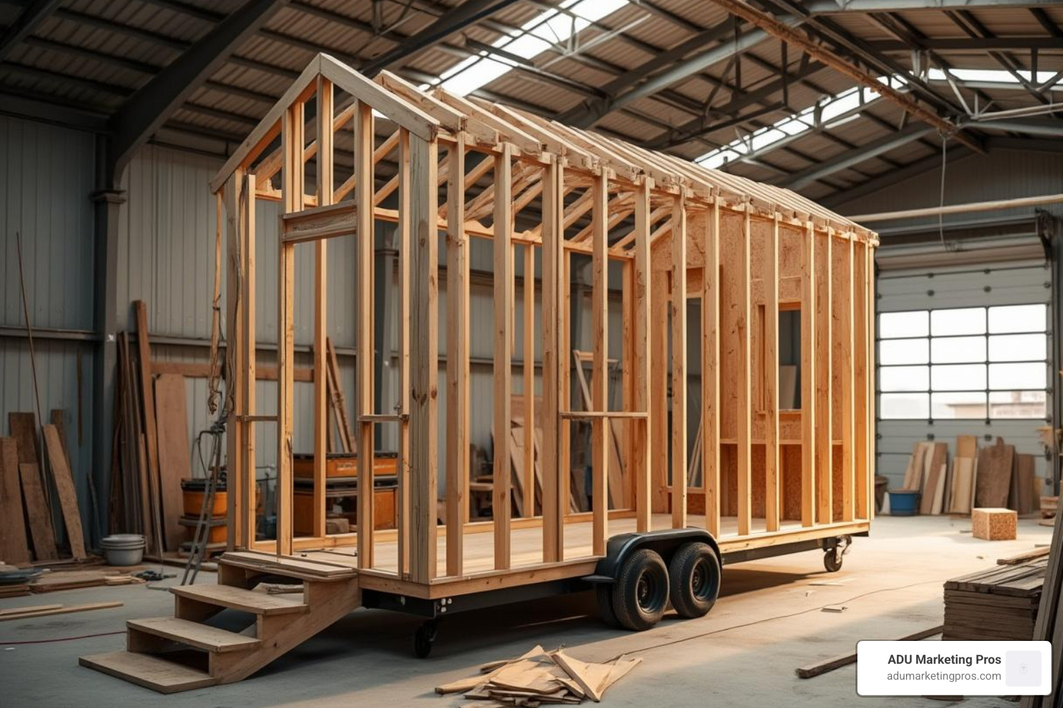 The frame of a tiny house being constructed inside a large, well-lit workshop, with tools and lumber visible.