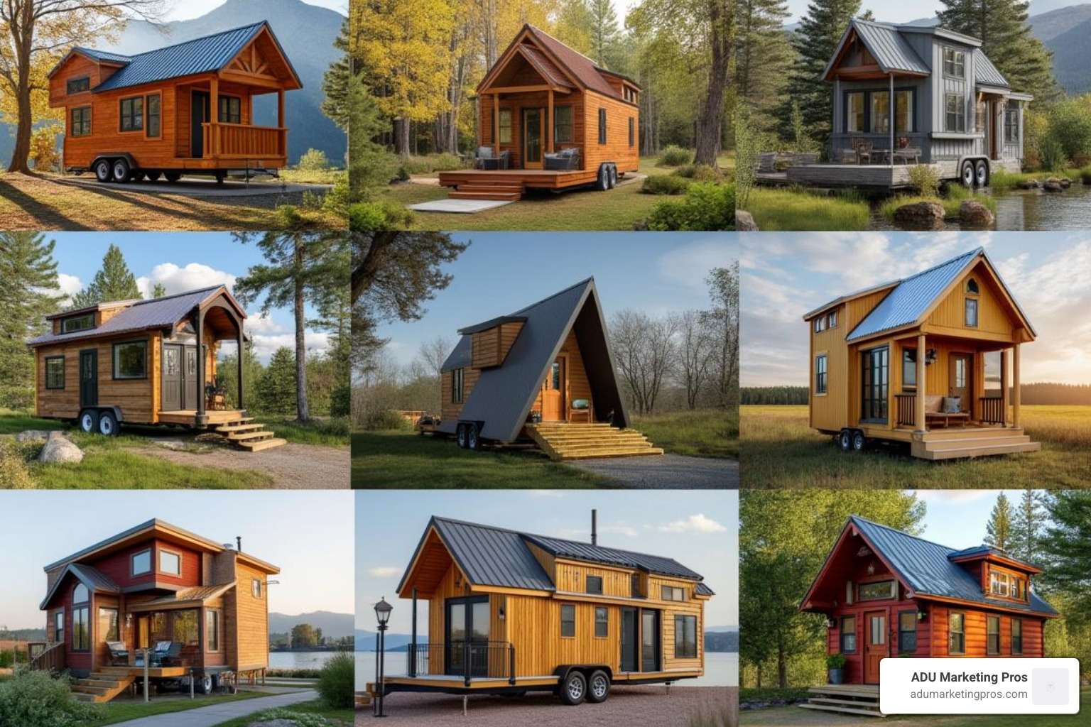 A collage showcasing various tiny home styles, from rustic cabins to modern minimalist structures, built by different Southern California companies.