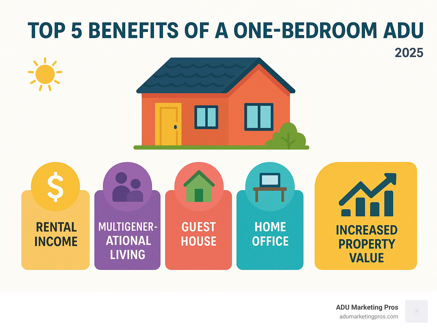 Infographic explaining the top 5 benefits of a one-bedroom ADU: Rental Income, Multigenerational Living, Guest House, Home Office, and Increased Property Value. - One bedroom ADU infographic 
