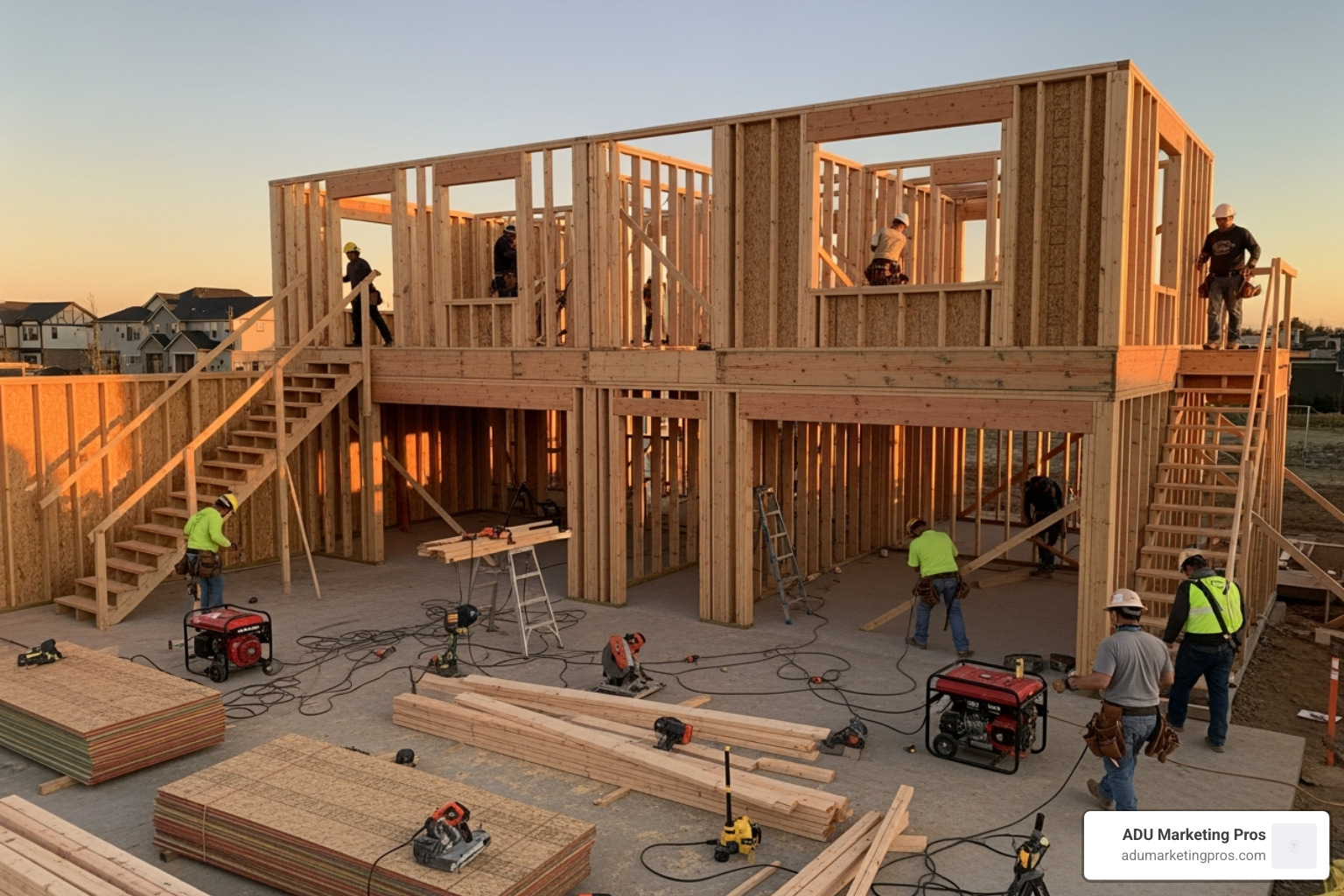 Construction site showing the framing of a garage apartment - Garage apartment cost