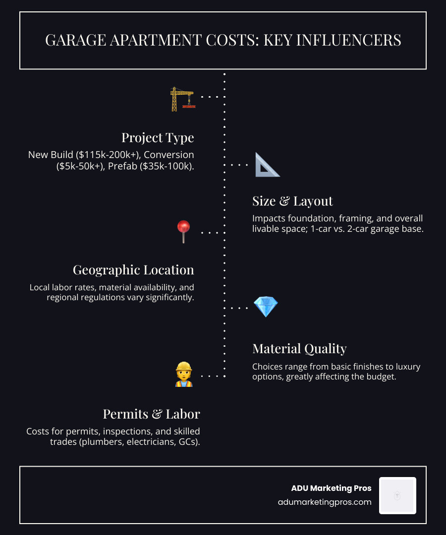 Comprehensive breakdown of garage apartment costs showing average ranges for new builds, conversions, and prefab options with key cost factors like size, location, materials, and labor rates - Garage apartment cost infographic infographic-line-5-steps-dark