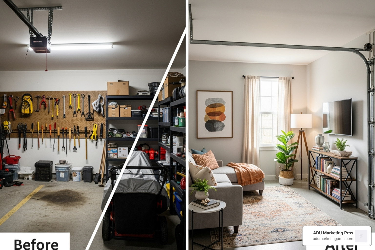 Before-and-after of a standard garage converted into a cozy apartment - Garage apartment cost