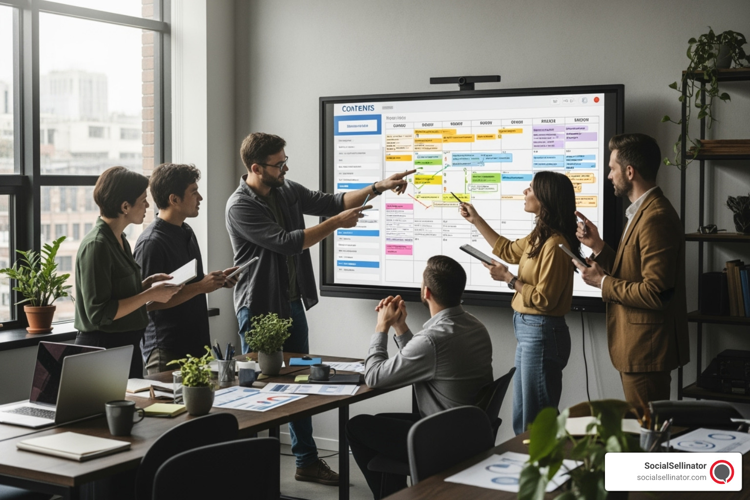 A marketing team collaborating around a digital content calendar, showcasing the planning phase of content marketing for SMBs. Metadata: content-calendar-collaboration.jpg - content marketing for smbs