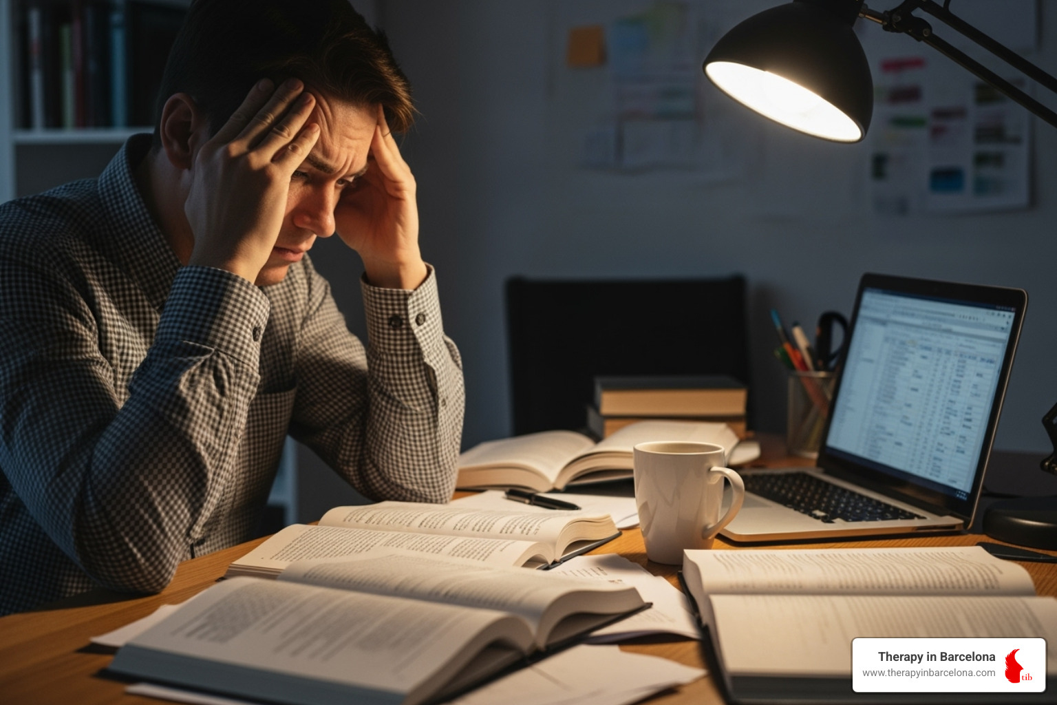 Person sitting at desk holding their head, looking stressed - how to cope with stress at work