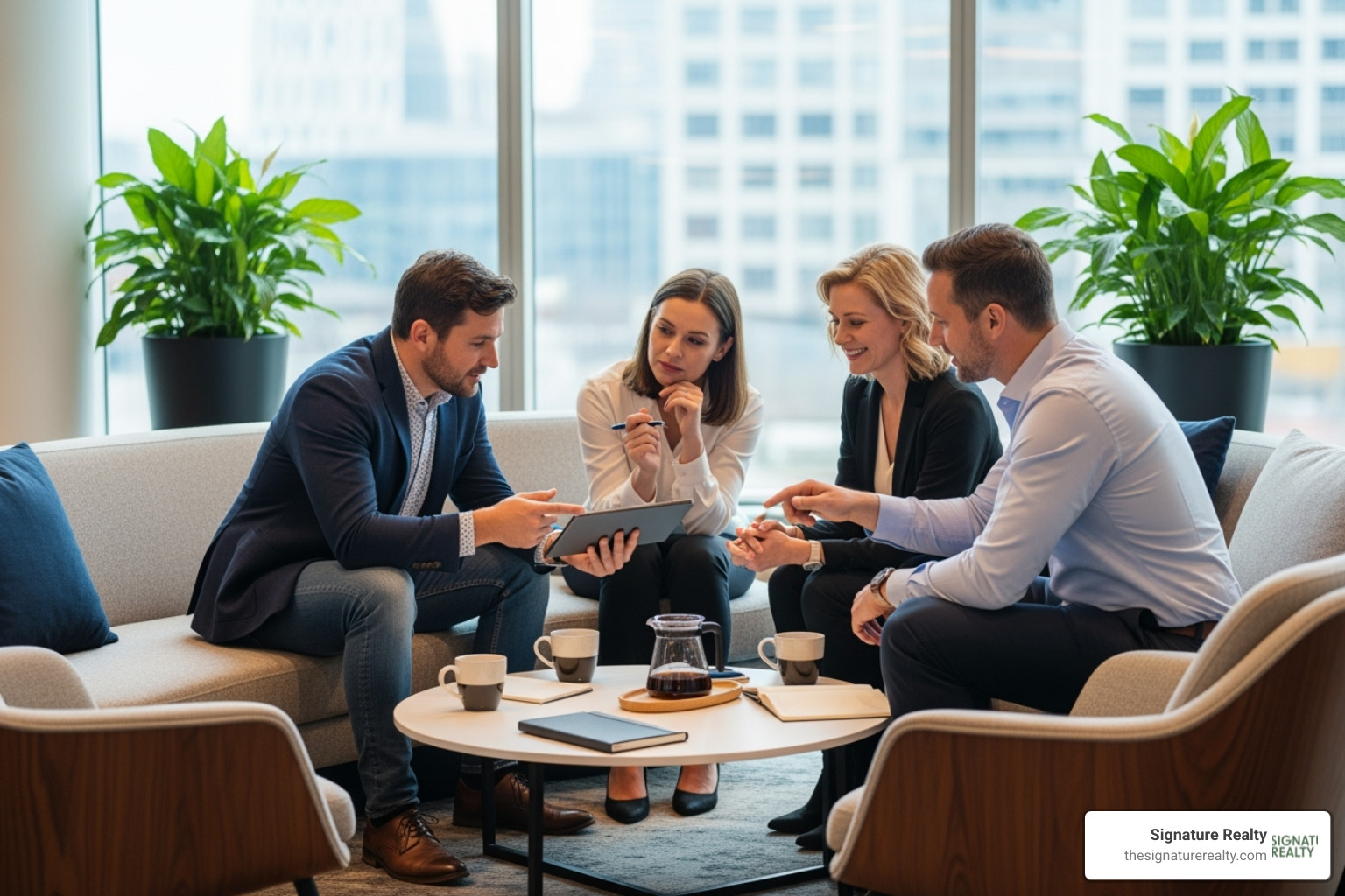 professionals collaborating in a stylish lounge area with coffee - flexible office space miami professionals collaborating in a stylish lounge area with coffee - flexible office space miami