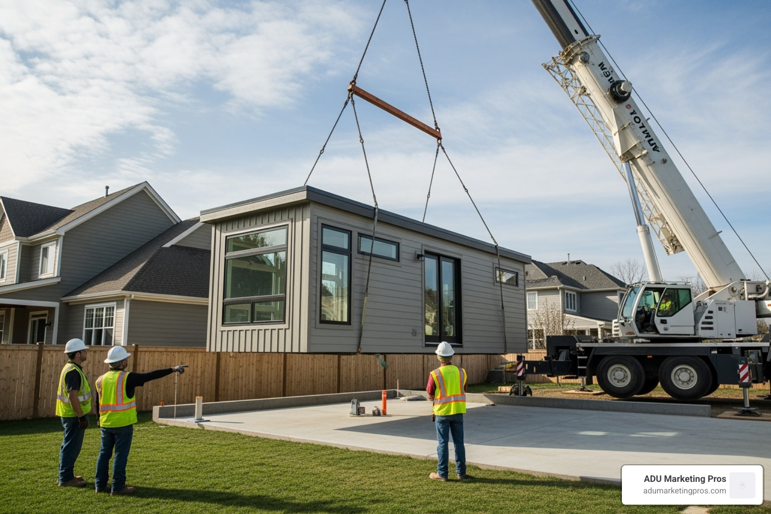 prefab granny flat being delivered by a crane to a prepared foundation - prefab granny flat prices
