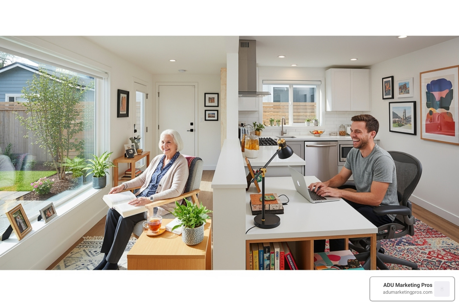 happy family using their granny flat, with one part showing an elderly parent and another showing a renter - prefab granny flat prices