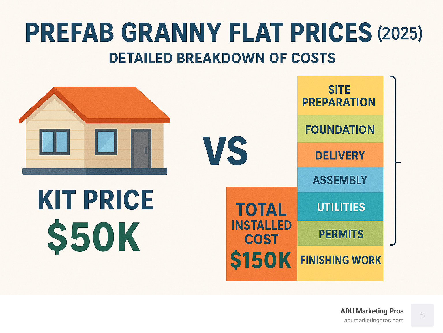 Detailed breakdown of prefab granny flat costs showing kit price versus total installed cost including site preparation, foundation, delivery, assembly, utilities, permits and finishing work - prefab granny flat prices infographic 