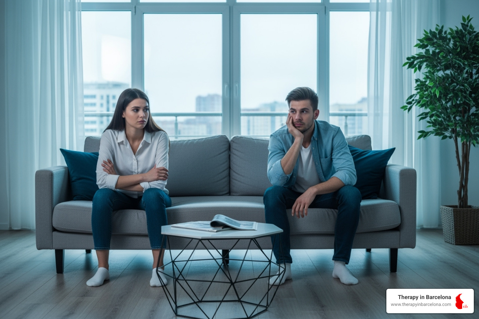 stressed couple in Barcelona apartment - relationships therapist stressed couple in Barcelona apartment - relationships therapist