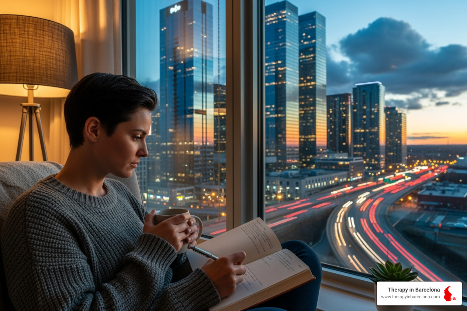 Person journaling thoughtfully by a window overlooking a city like Barcelona. - relationship worksheets