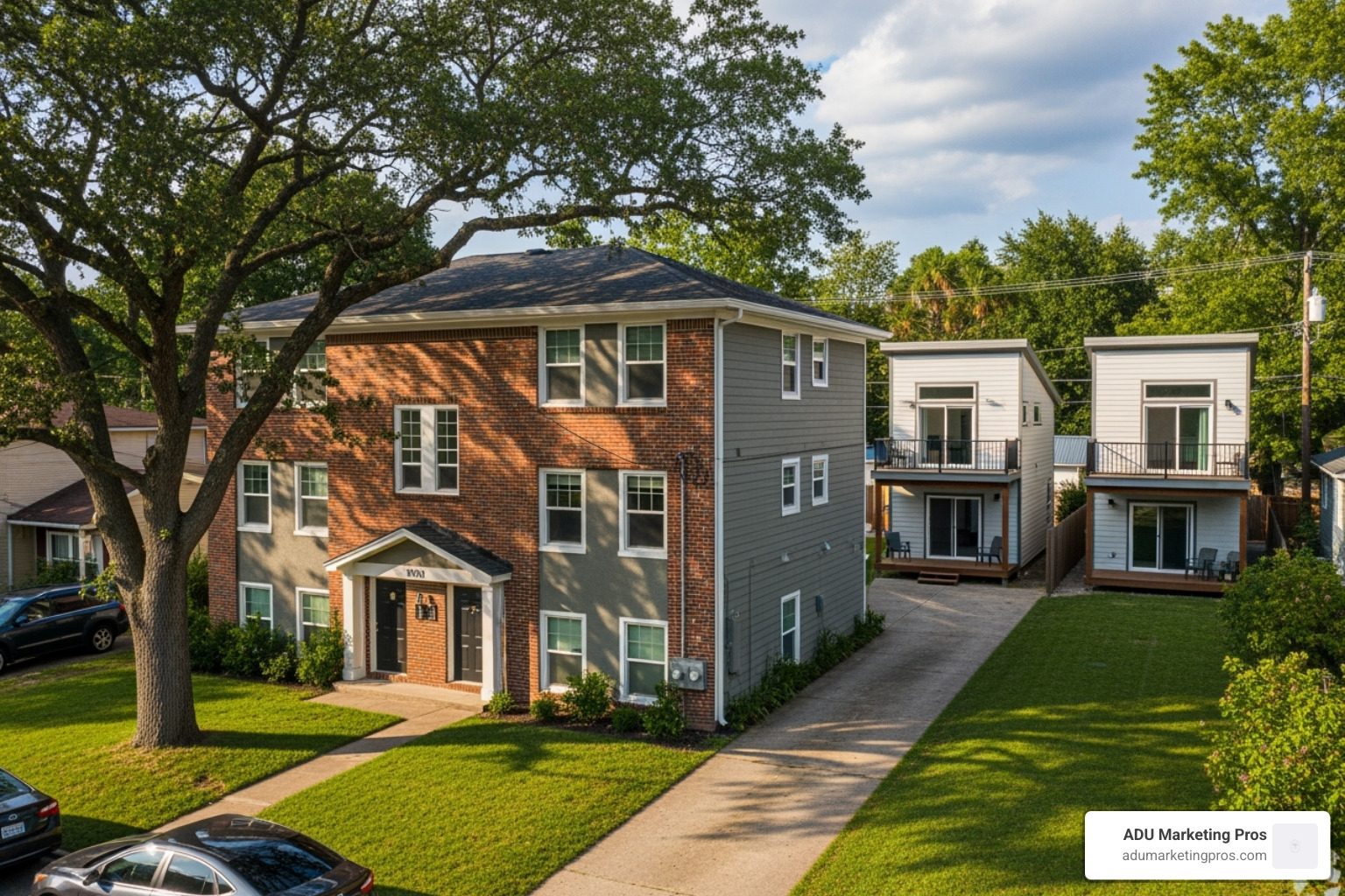 A multi-family property with newly constructed detached ADUs in the background - adu law los angeles
