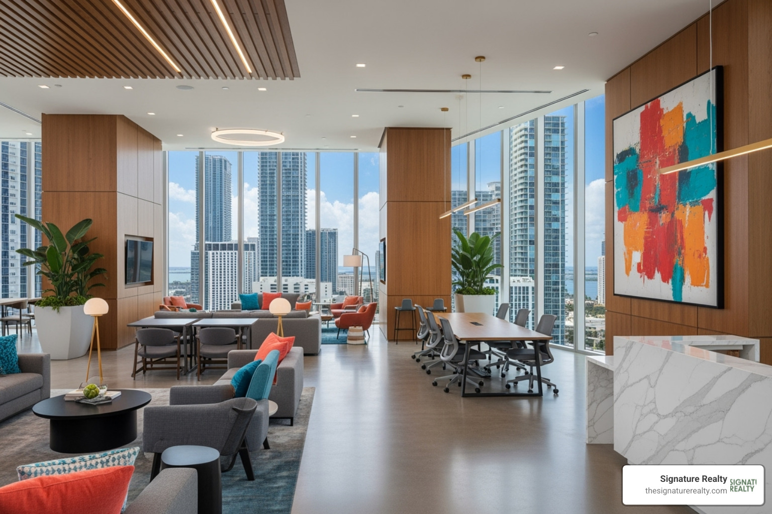 a modern, amenity-rich office lobby or tenant lounge in a Brickell tower - brickell commercial real estate a modern, amenity-rich office lobby or tenant lounge in a Brickell tower - brickell commercial real estate
