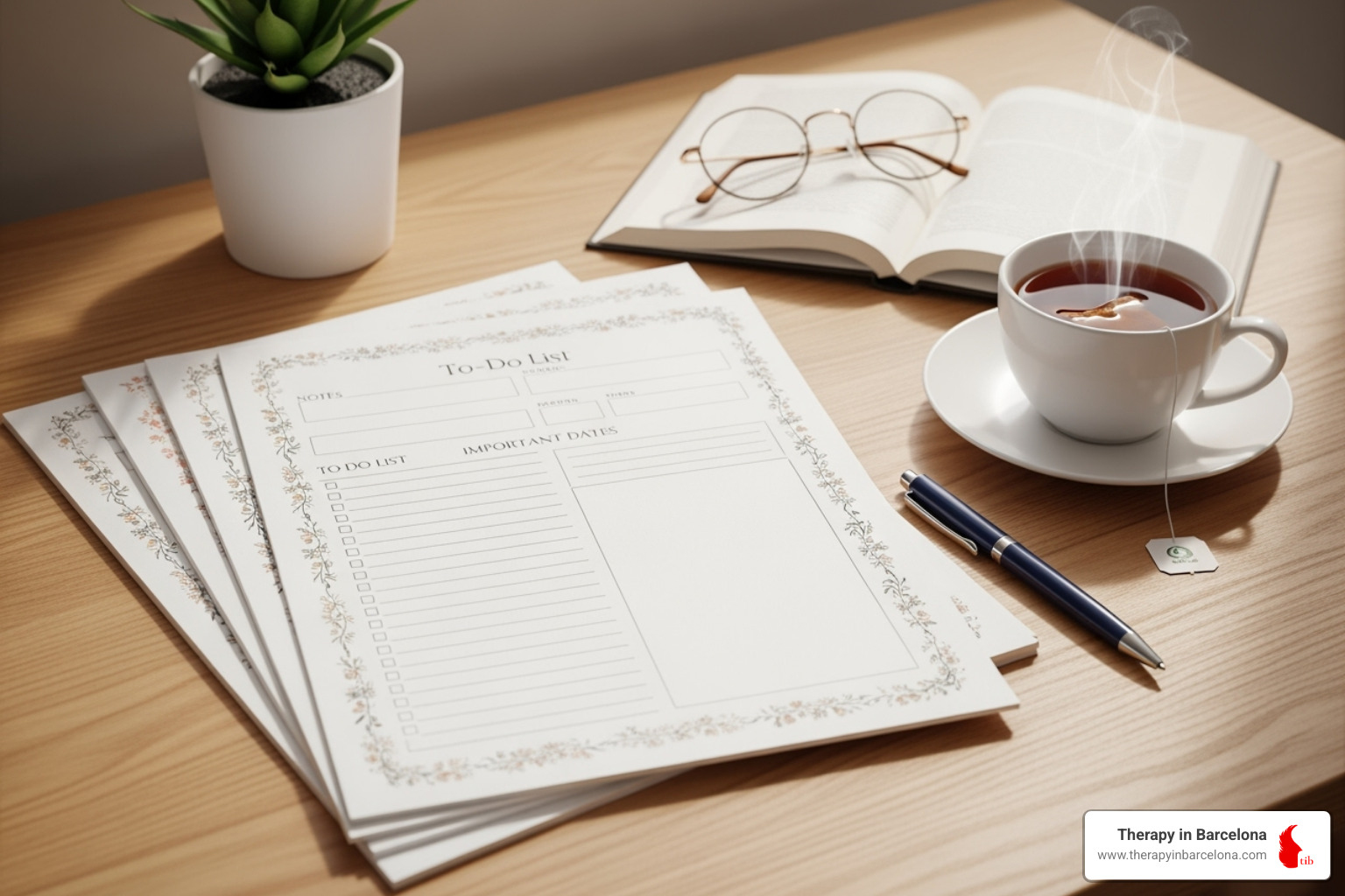 A collection of beautifully designed, printable worksheets on a desk, alongside a pen and a cup of tea - codependency worksheets
