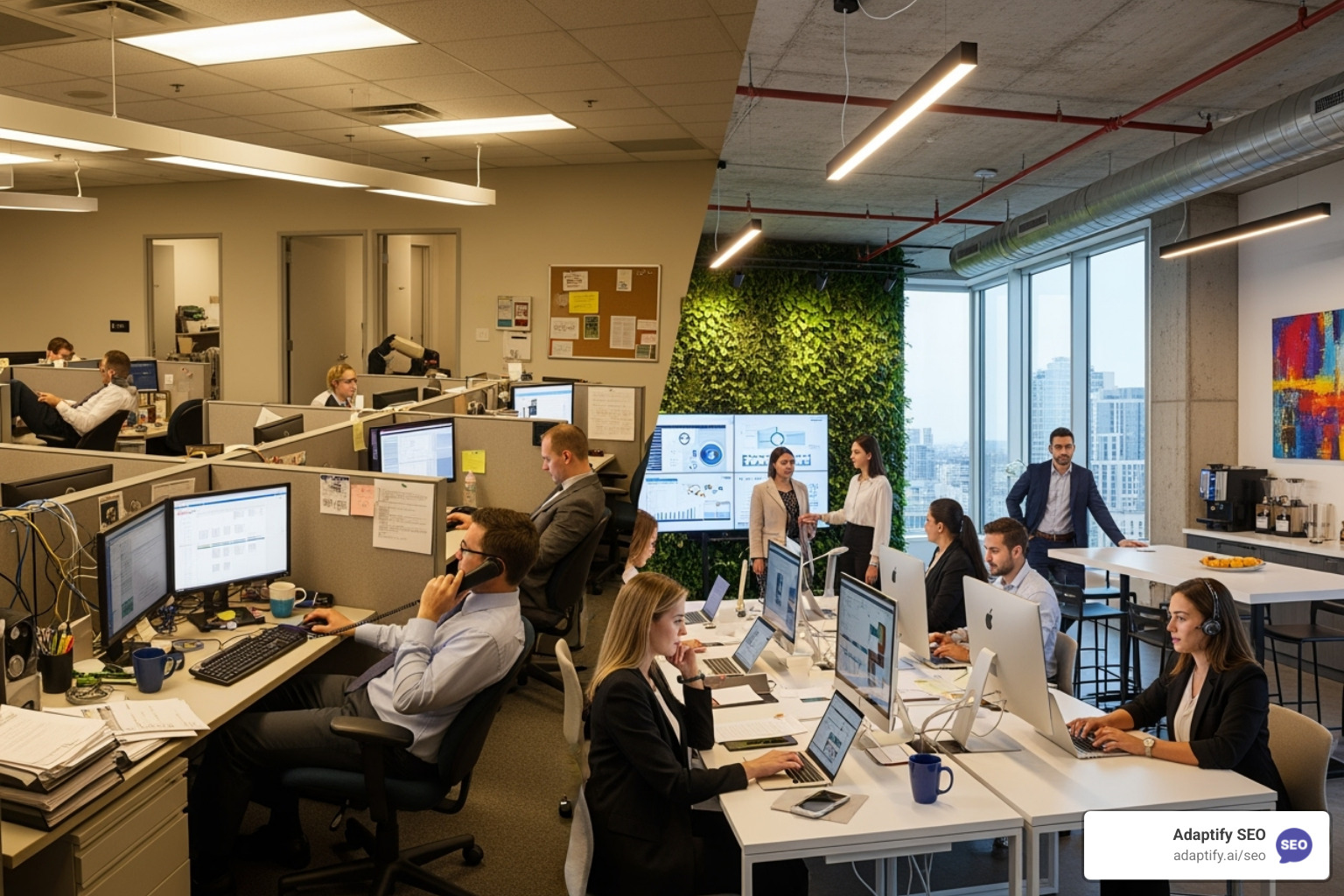 split-screen showing an in-house office on one side and a professional agency on the other - Outsource SEO agency