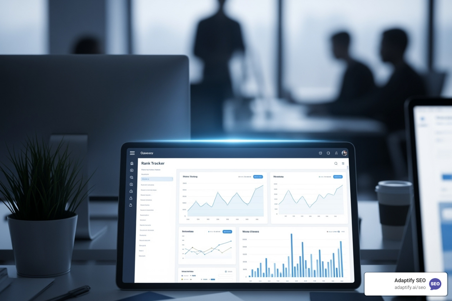 An image showing a professional agency dashboard with various SEO metrics and client data - white label rank tracker for agency