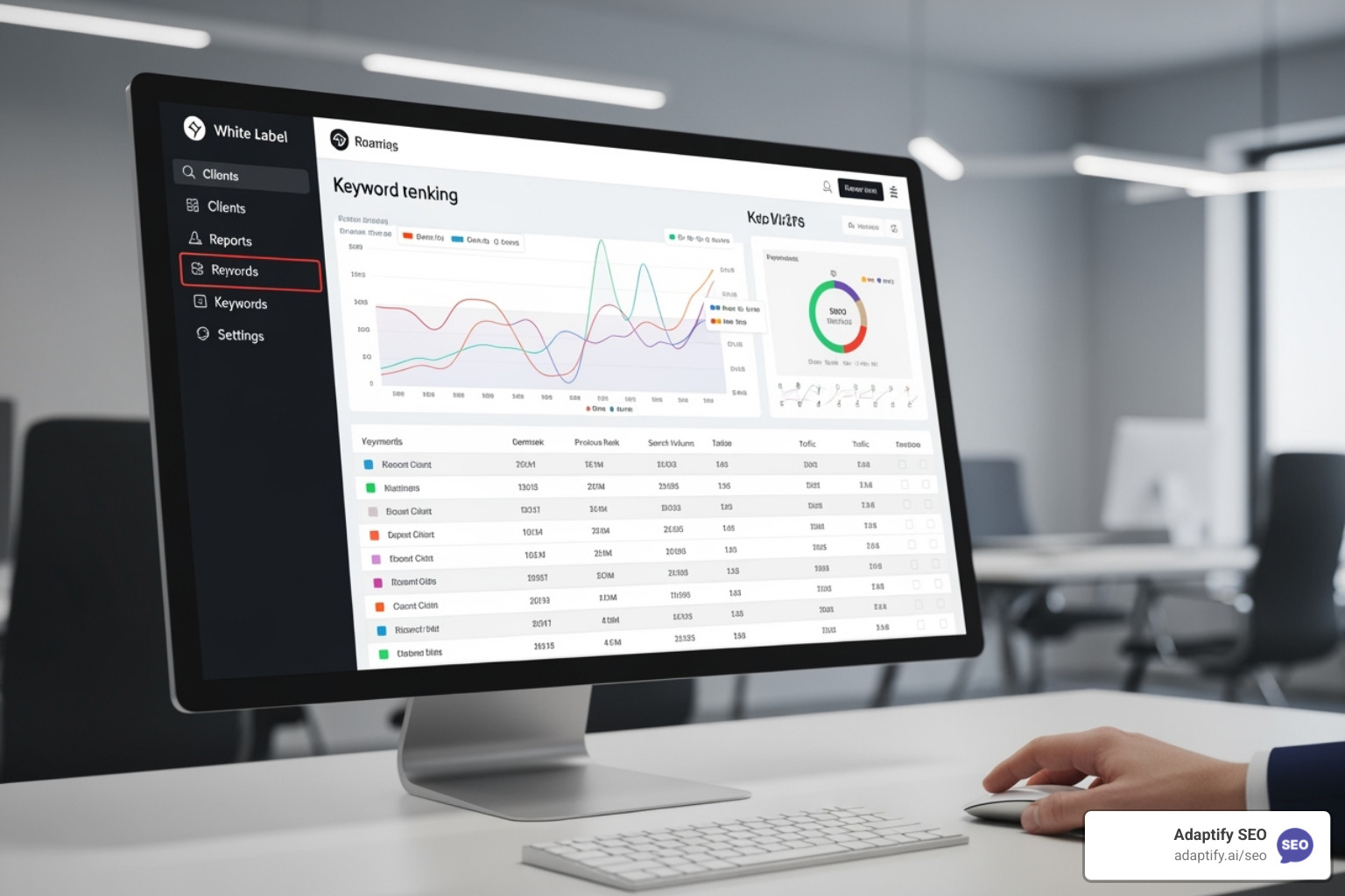 Illustration of an agency-branded SEO dashboard highlighting rank-tracking benefits