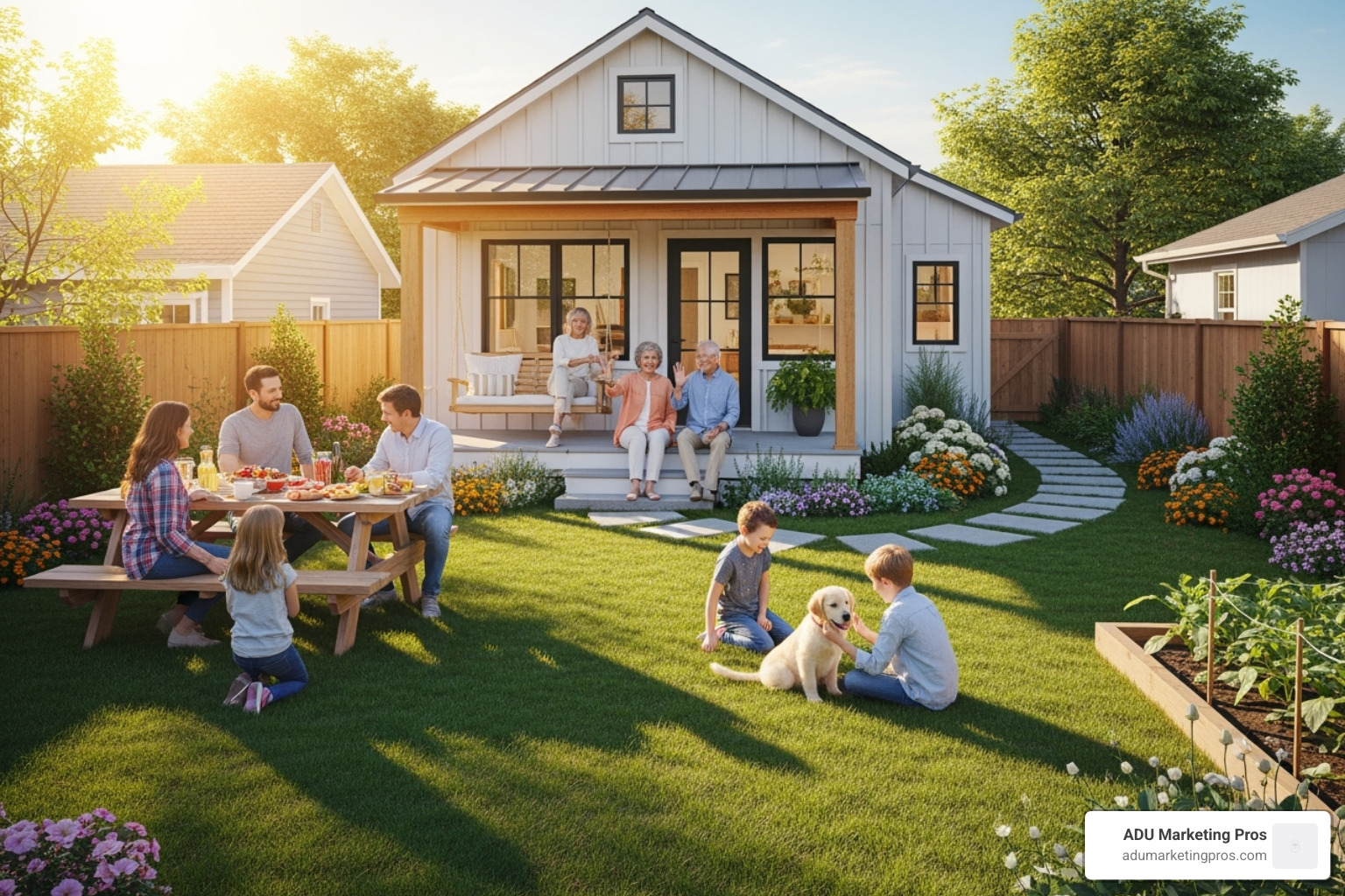 A multigenerational family enjoying a sunny day in the backyard, with grandparents smiling from the porch of their newly built ADU, integrated seamlessly with the main house. - affordable adu los angeles
