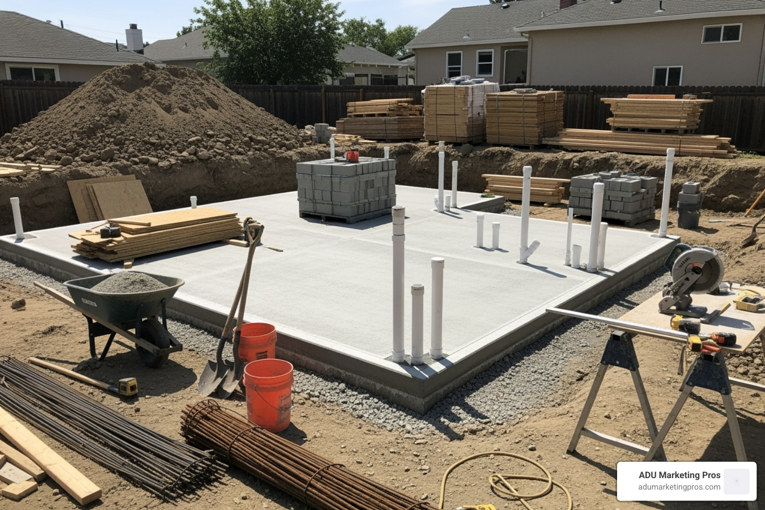 A construction site for an ADU showing the concrete foundation poured, with utility pipes emerging from the ground, surrounded by construction materials and tools. - affordable adu los angeles