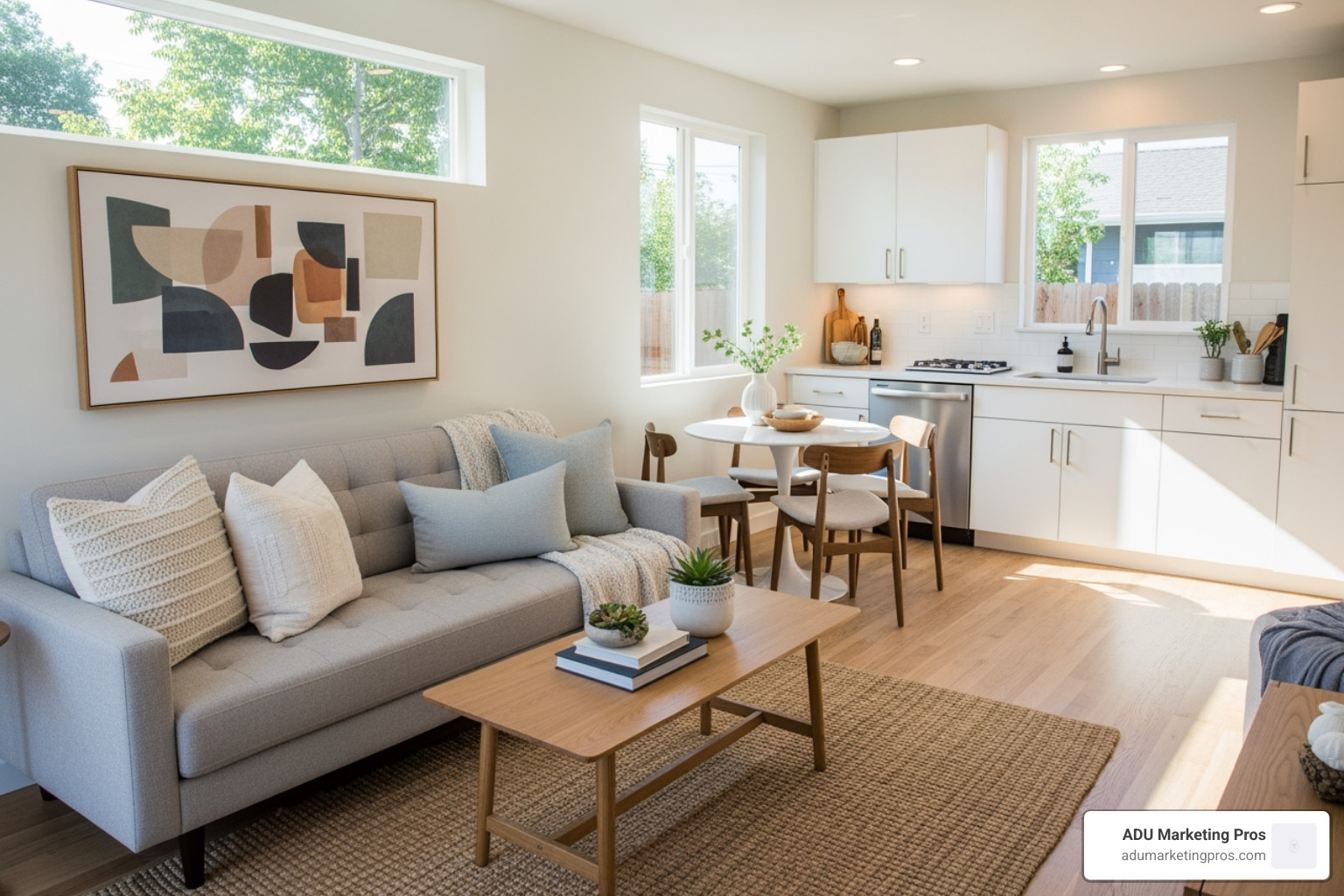 A brightly lit, modern ADU interior, featuring a cozy living area with stylish furniture, ready for a tenant to move in. - affordable adu los angeles