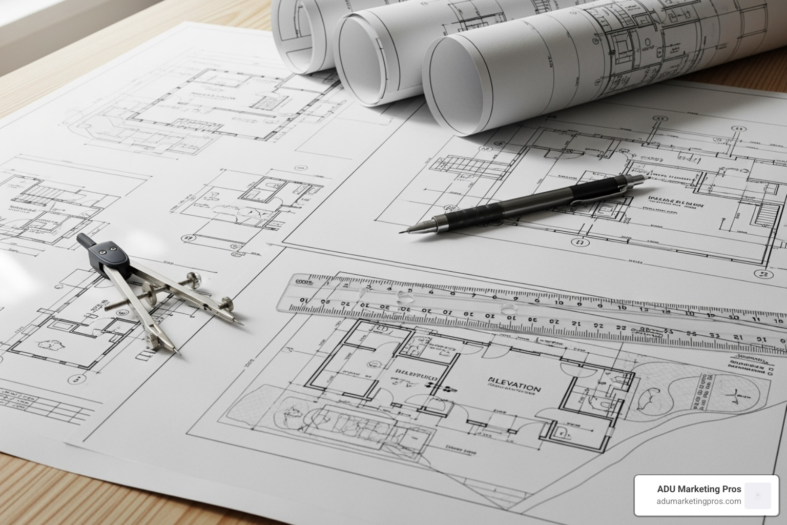 Architectural blueprints for an ADU laid out on a table, with a pencil, ruler, and compass, indicating the detailed planning phase. - affordable adu los angeles